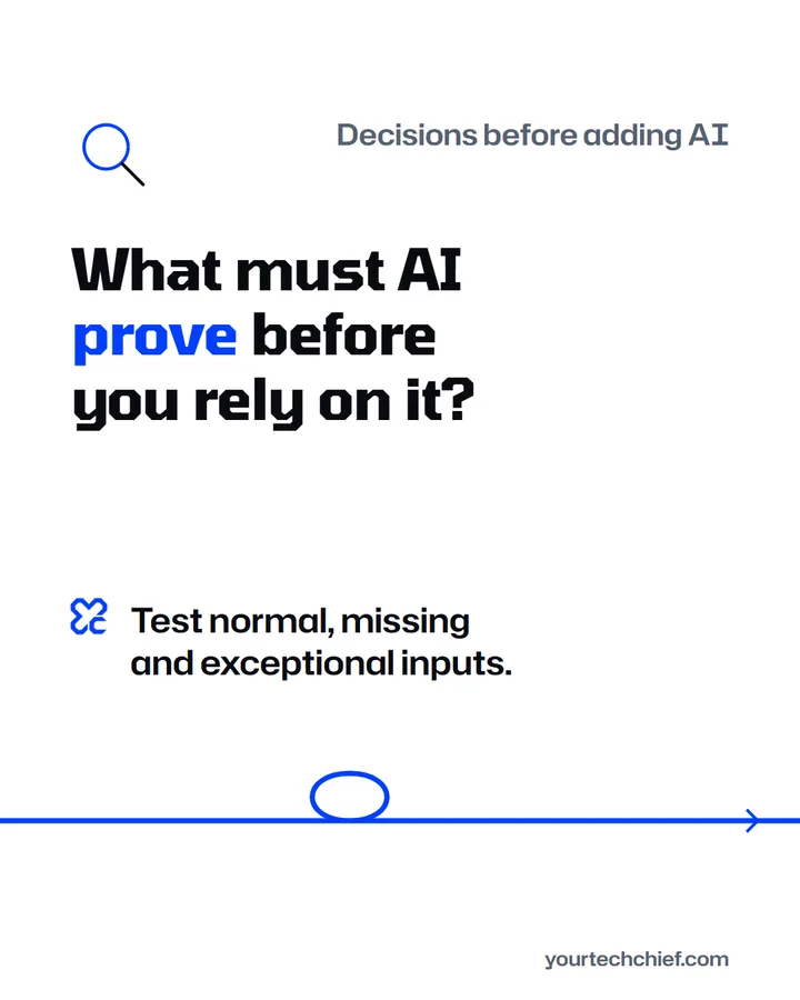 Decisions before adding AI. What must AI prove before you rely on it? Test normal, missing and exceptional inputs.