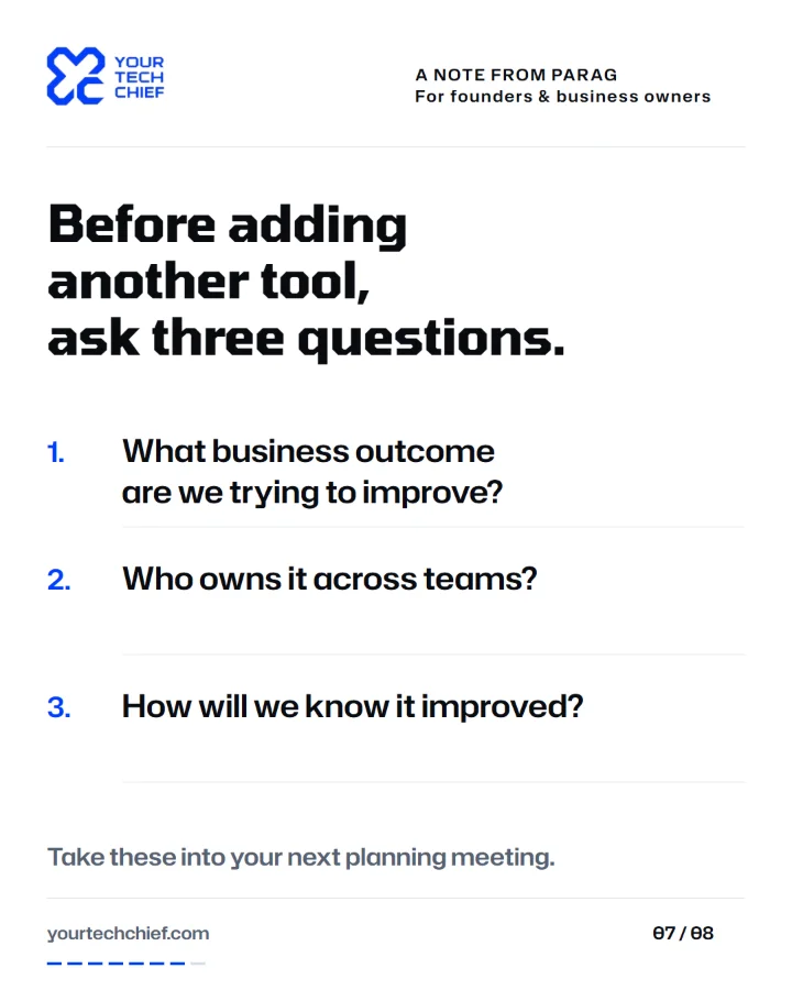 Before adding another tool, ask three questions: What business outcome are we trying to improve? Who owns it across teams? How will we know it improved?